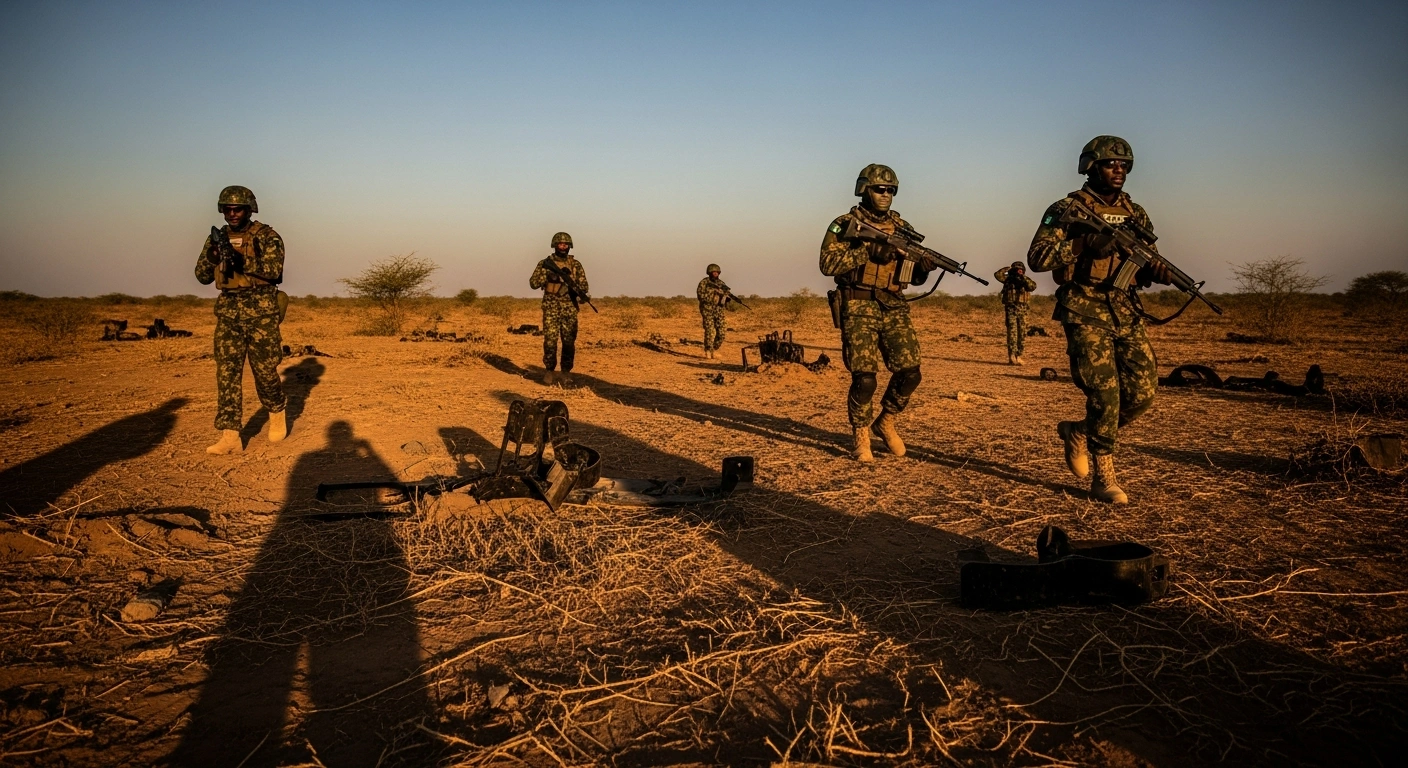 Nigerian soldiers conduct a security operation in Borno State to apprehend insurgents and neutralize improvised explosive devices.