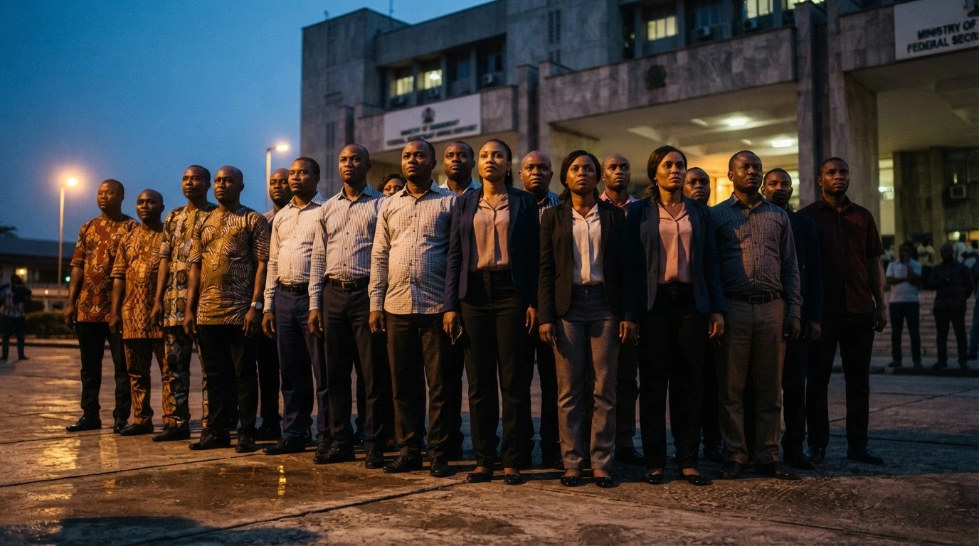 A group of Nigerian public servants stands in a determined formation outside a government building to protest for minimum wage implementation and lower petrol prices.
