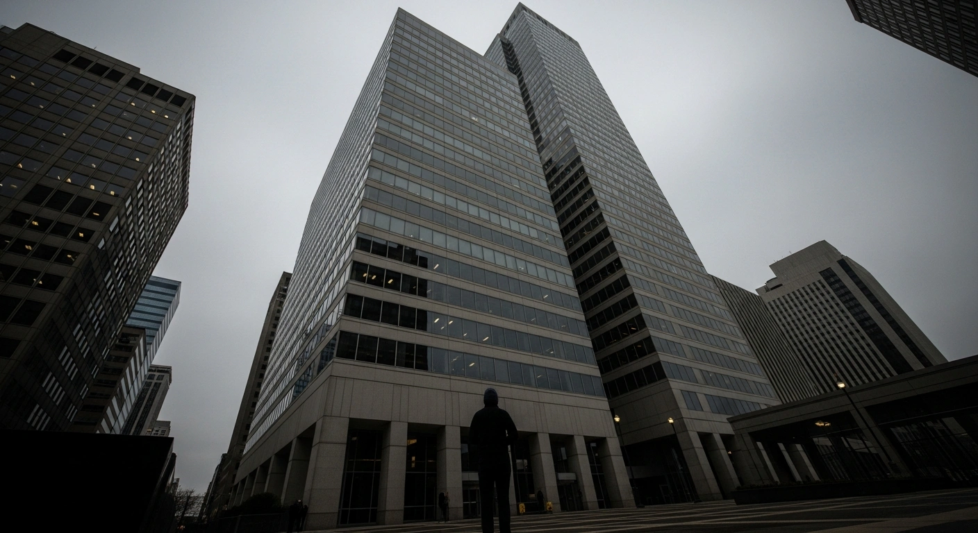 A solitary, silhouetted figure stands dwarfed by a towering, monolithic corporate building under harsh, clinical lighting, symbolizing the U.S. Equal Employment Opportunity Commission's investigation into Nike's alleged discrimination against white employees through its diversity, equity, and inclusion policies.