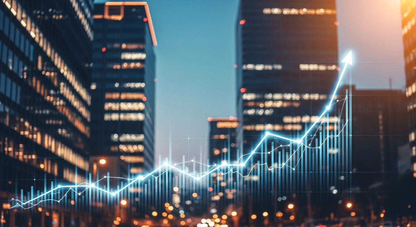 A digital representation of an upward trending stock market graph set against the backdrop of a modern Tokyo financial district.