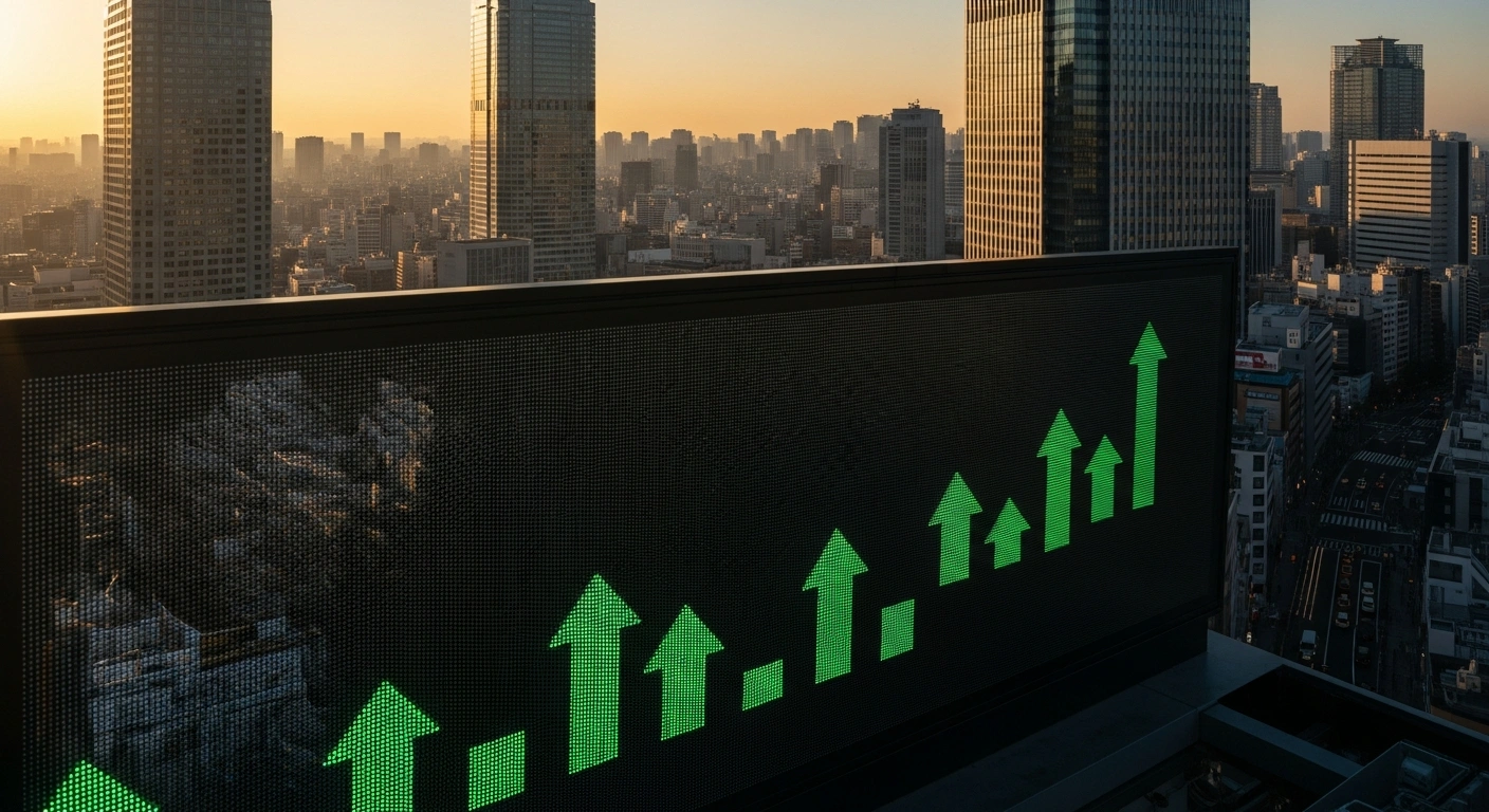 A digital stock market display showing green upward trends in a Tokyo financial district following the announcement of a peace agreement between the United States and Iran.