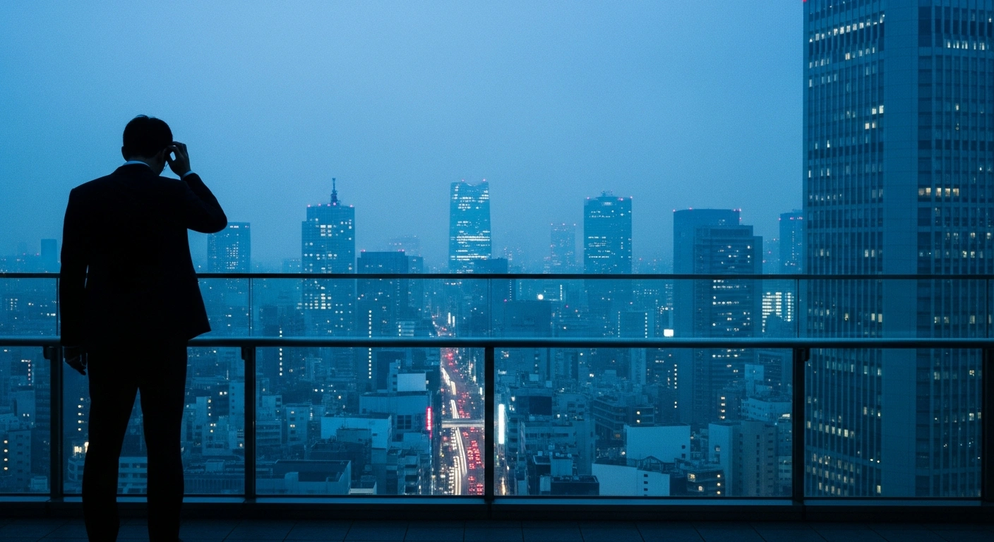 A distressed investor looks out over the Tokyo skyline during a major stock market sell-off triggered by rising oil prices.