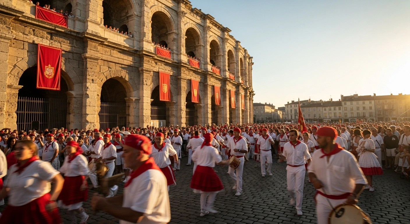 A large crowd of people celebrates the annual Féria festival in the historic city center of Nîmes, France, near the ancient Roman arena.