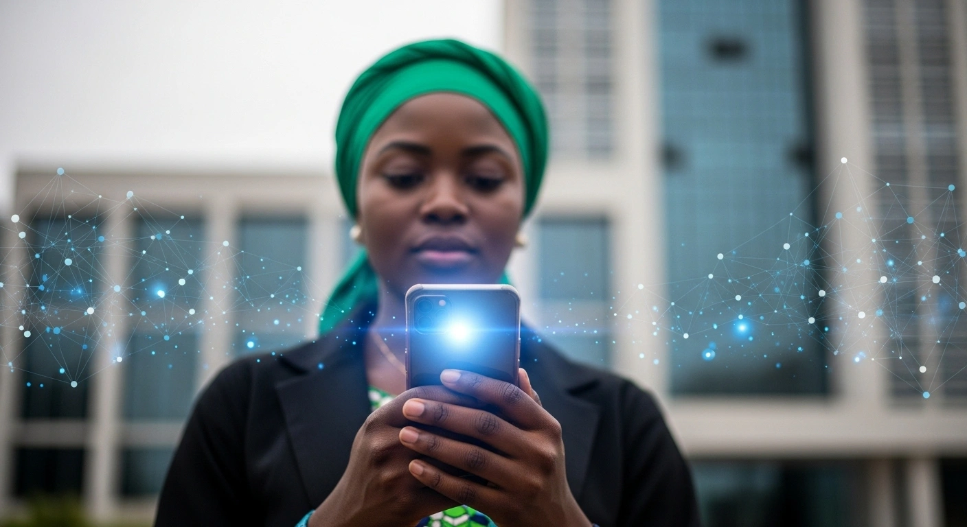 A Nigerian citizen holds a smartphone with a glowing blue interface, symbolizing the NINAuth App, a mobile-based identity authentication platform, against a blurred modern building background, representing secure personal data control and access to services.
