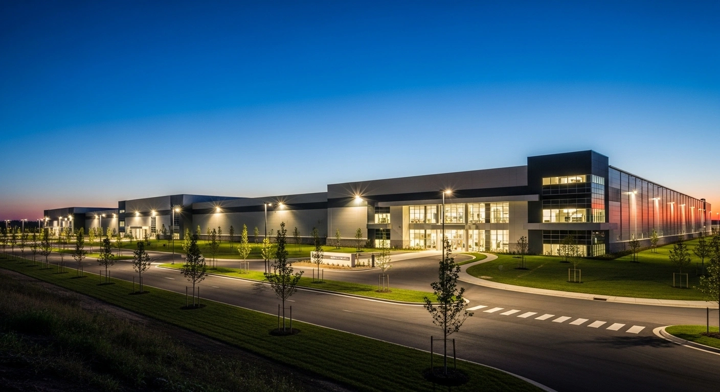A modern, expansive Ningbo Daye Garden Machinery Co. production facility in Salinas Victoria, Nuevo León, Mexico, illuminated at twilight, symbolizing the new $300 million investment set to create over 2,000 jobs and produce electric and smart gardening tools for the North American market.