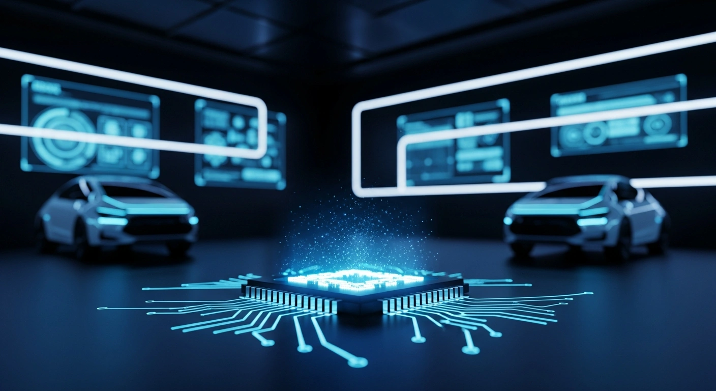 A glowing, futuristic microchip, representing advanced autonomous driving technology, is prominently displayed in a high-tech research lab, symbolizing the significant investment received by NIO's intelligent-driving chip subsidiary, Shenji, from Chinese investors for research and commercial expansion.