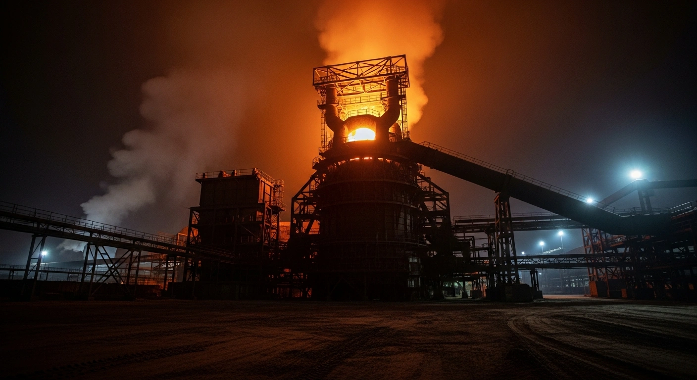 A massive industrial blast furnace at the Nippon Steel Corp. plant in Muroran, Hokkaido, glows with a molten orange light at night, with smoke rising, depicting the aftermath of an explosion and fire that led to its shutdown.