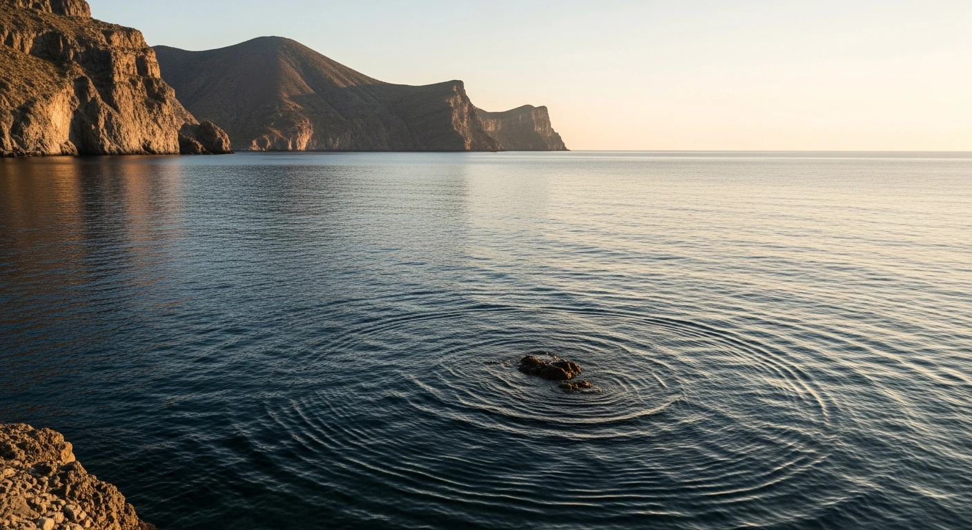 The rugged coastline of the Greek island of Nisyros is visible at sunset, with calm waters in the Aegean Sea where a minor earthquake recently occurred.