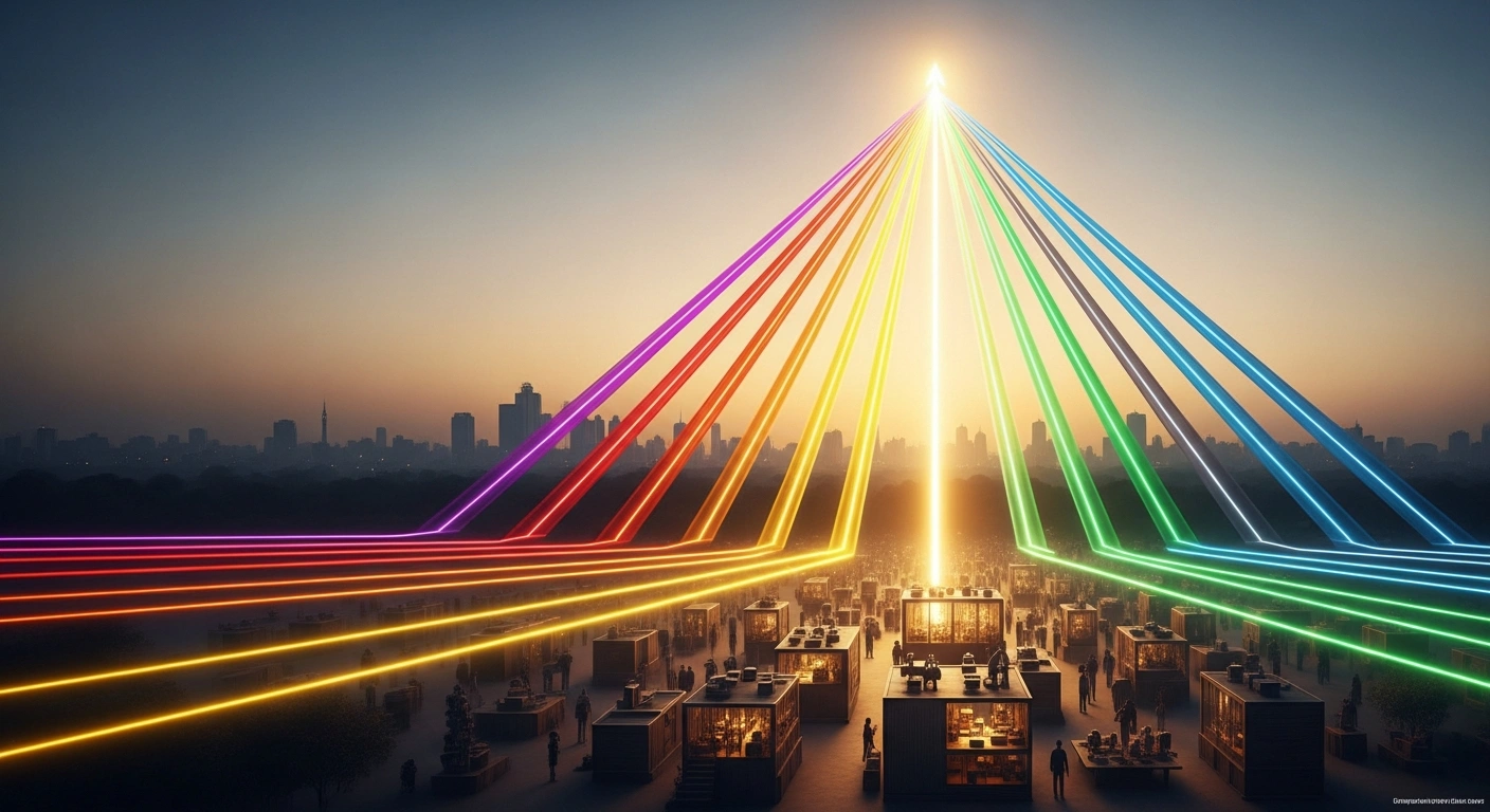 A stylized visual depicts eighteen distinct, glowing pathways converging into a single, powerful beam of golden light, which illuminates a bustling, modern Indian micro-enterprise, set against a soft-focus backdrop of a modern Indian cityscape, symbolizing NITI Aayog's report on streamlining MSME schemes for efficiency and growth in India.
