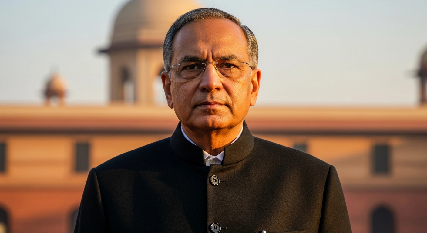 A photorealistic image depicts Nitin Nabin, 45, standing confidently at a podium under warm, dramatic lighting, symbolizing his assumption of office as the 16th National President of the Bharatiya Janata Party (BJP) on January 20, 2026, and representing a generational shift in the party's leadership.