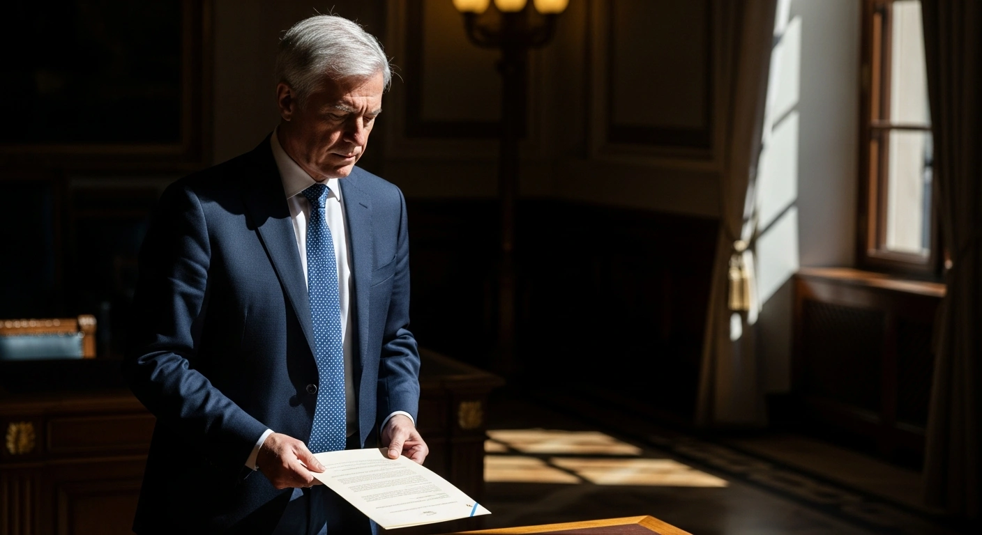 Bihar Chief Minister Nitish Kumar, a silver-haired politician, is depicted holding a resignation document in a grand government chamber, symbolizing his recent resignation to form a new National Democratic Alliance (NDA) government and his expected 10th term as CM after the Assembly elections.