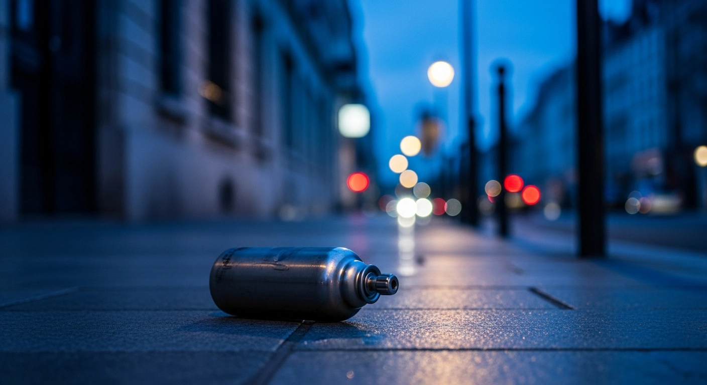 A discarded nitrous oxide canister sits on a city sidewalk in France, highlighting ongoing concerns regarding the recreational use of the gas.