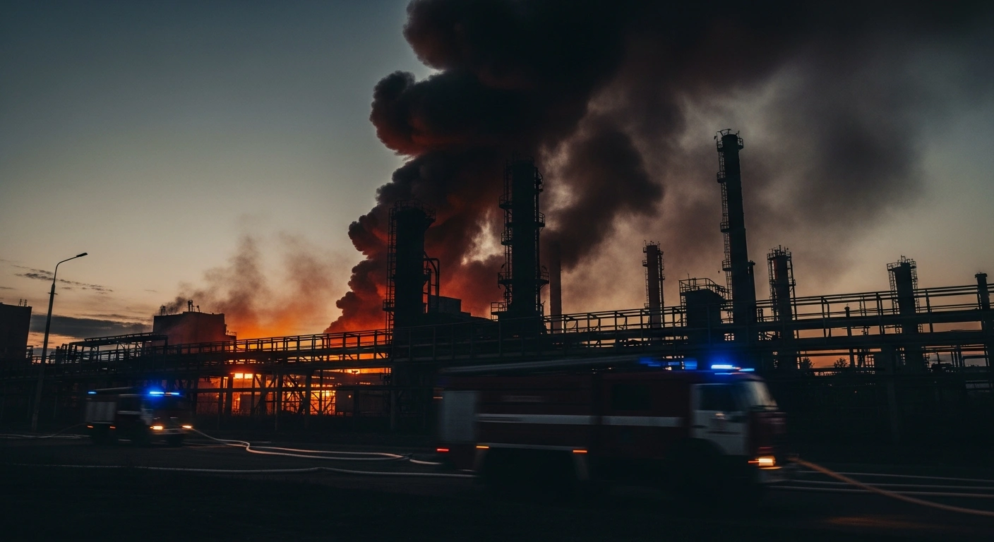 Emergency vehicles respond to a damaged industrial site in the Nizhny Novgorod region following a drone attack.