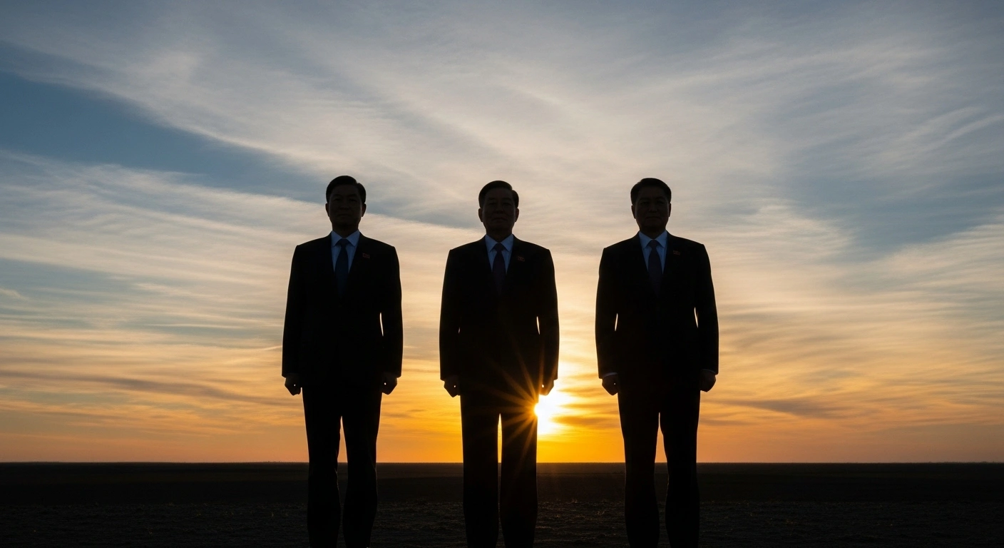 Three figures, representing North Korean Foreign Minister Choe Son Hui, Russia, and Belarus, stand silhouetted against a dramatic sunrise over a vast landscape, symbolizing their strengthening diplomatic ties and recent official visits.