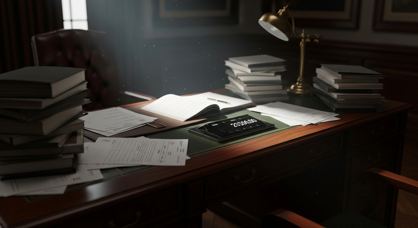 A dimly lit, opulent London office desk is covered with chaotic stacks of financial documents and a glowing digital ledger, dramatically illuminated by a stark beam of light, symbolizing the audit query faced by NNPCL regarding undocumented £14.3 million spending.