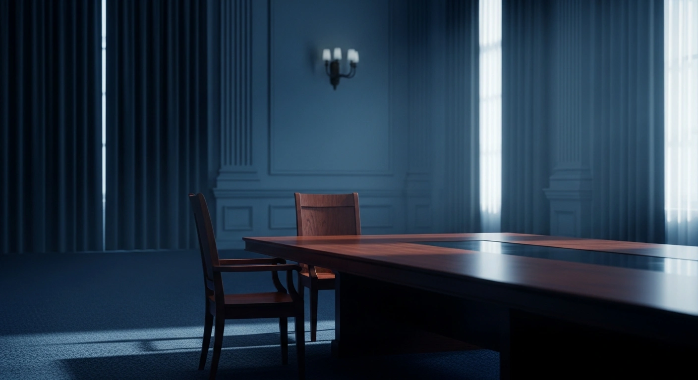 An empty conference room with a vacant chair represents the lack of evidence regarding a reported meeting between Belarusian and Myanmar officials.