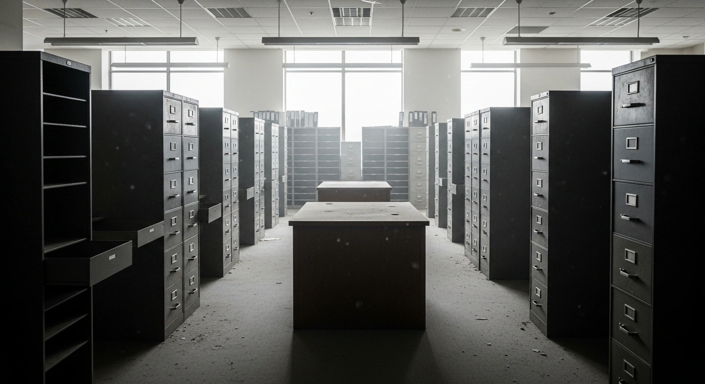 An empty government office with abandoned filing cabinets represents the lack of official records regarding the alleged refugee policy.