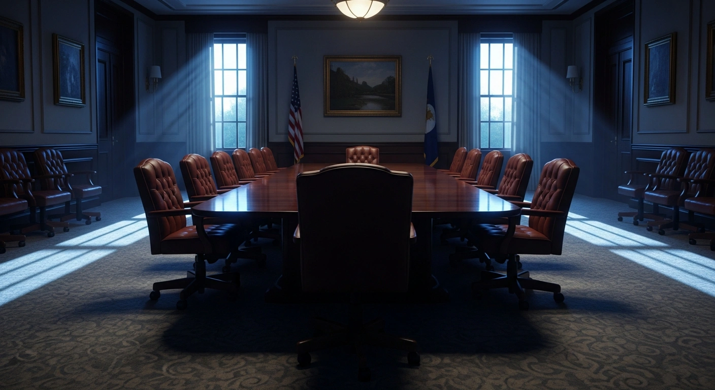 An empty diplomatic conference room in Washington, D.C., representing the lack of evidence for a trilateral framework agreement between the United States, Israel, and Lebanon.