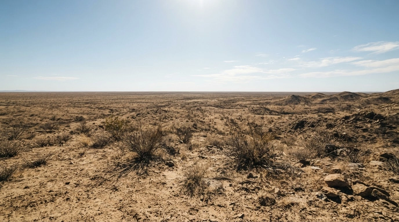 A wide-angle view of a barren, empty desert landscape showing no evidence of a triumphal arch or military complex.