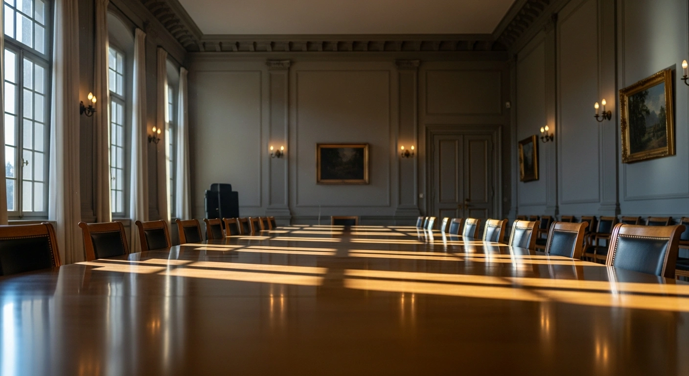 An empty conference table in a quiet room in Switzerland represents the lack of a peace agreement between the United States and Iran.