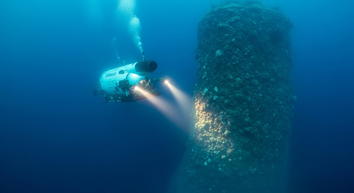 The NOAA-supported E/V Nautilus submersible illuminates a deep-sea seamount in the unmapped abyssal plains of the Cook Islands, gathering data for marine resource management during its expedition.