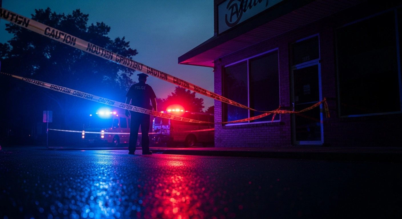 A South Australia Police officer stands near a cordoned-off business in Noarlunga Centre following a break-in investigation.
