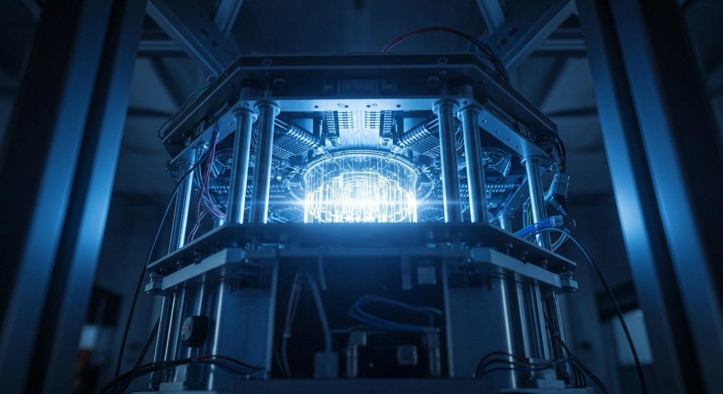 A glowing, intricately wired quantum processor with superconducting circuits emits ethereal blue light pulses, visually representing the macroscopic quantum mechanical tunneling and energy quantization in electric circuits, discoveries that earned physicists Michel H. Devoret, John Clarke, and John M. Martinis the 2025 Nobel Prize in Physics for their pivotal work in quantum computing.