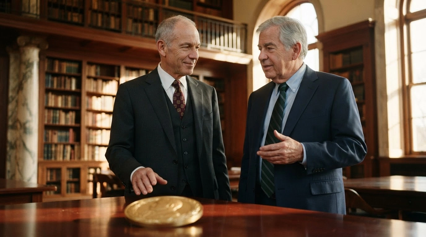 Economists Robert E. Hall and Michael Woodford stand in a grand library to represent their Nobel Prize-winning research on macroeconomic stabilization.