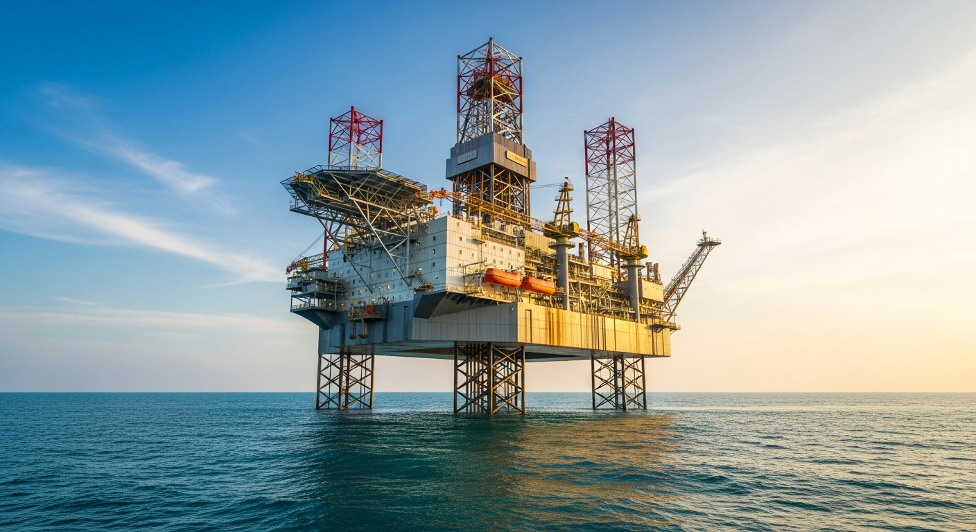 A large offshore drilling rig operates in the waters off the coast of Brunei Darussalam during a sunset.