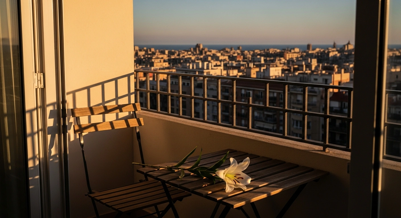 A peaceful, sunlit balcony in Barcelona represents the quiet reflection surrounding the legal euthanasia case of Noelia Castillo in Spain.