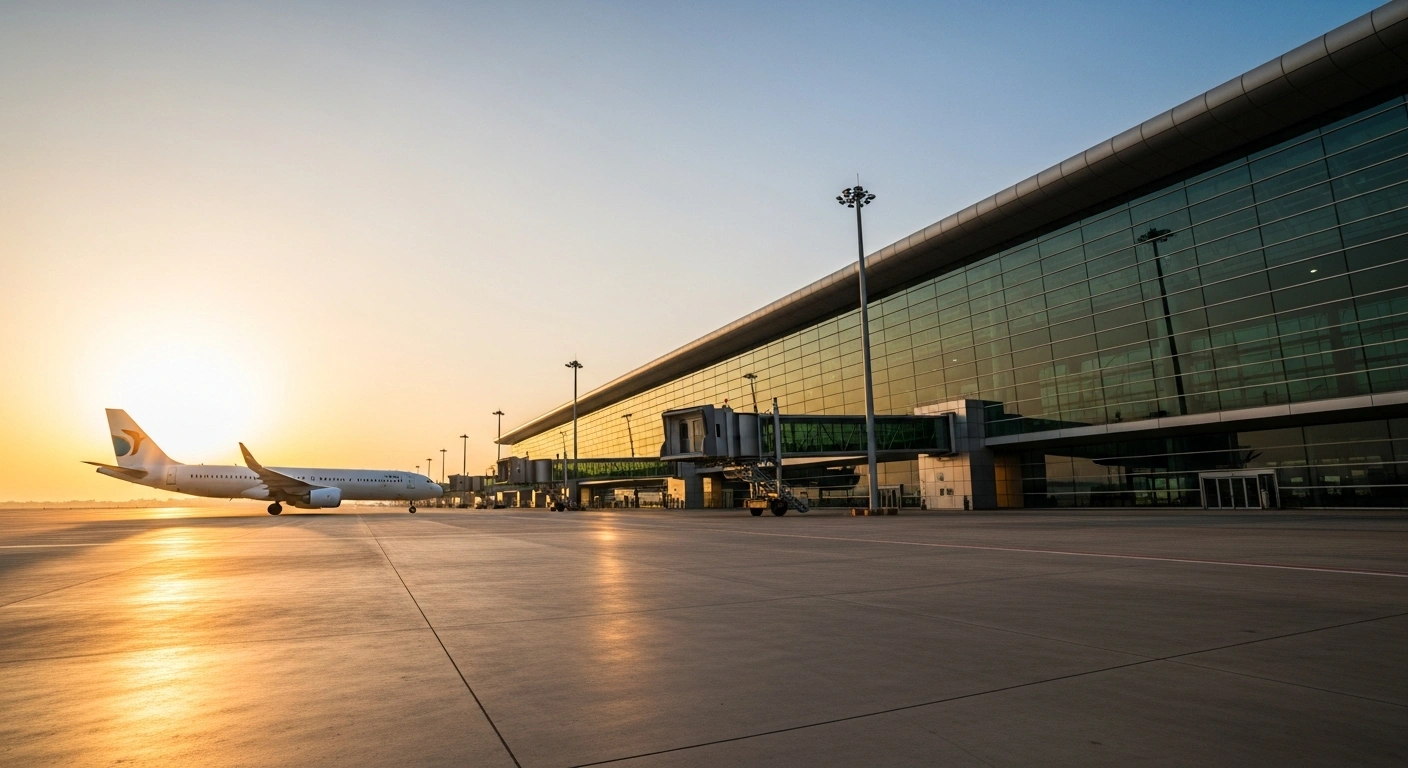 A modern commercial airplane taxis on the tarmac at the newly opened Noida International Airport in Jewar, India.