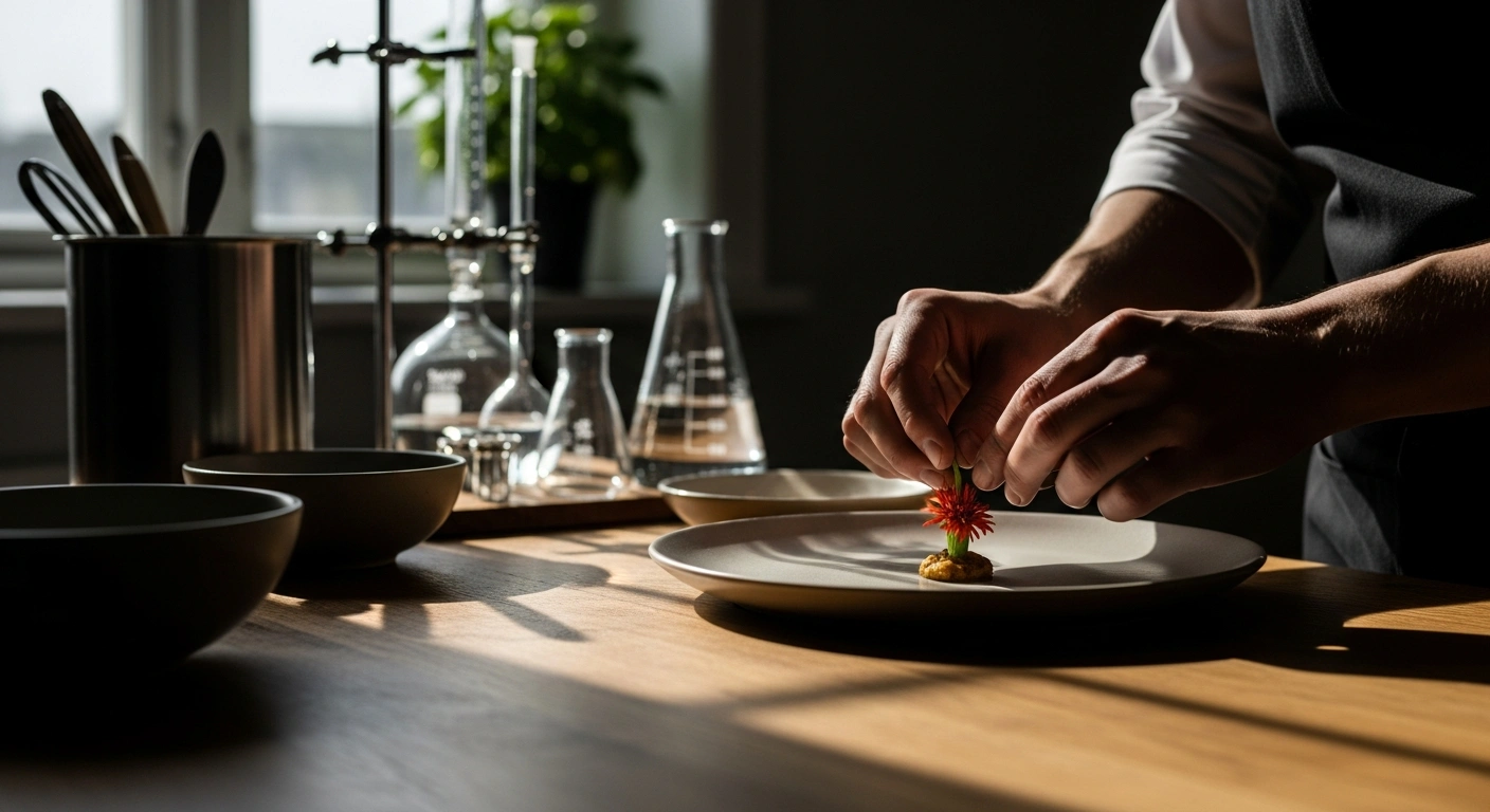 Chef Rene Redzepi's hands prepare a dish at the Noma restaurant as it transitions into a food laboratory.