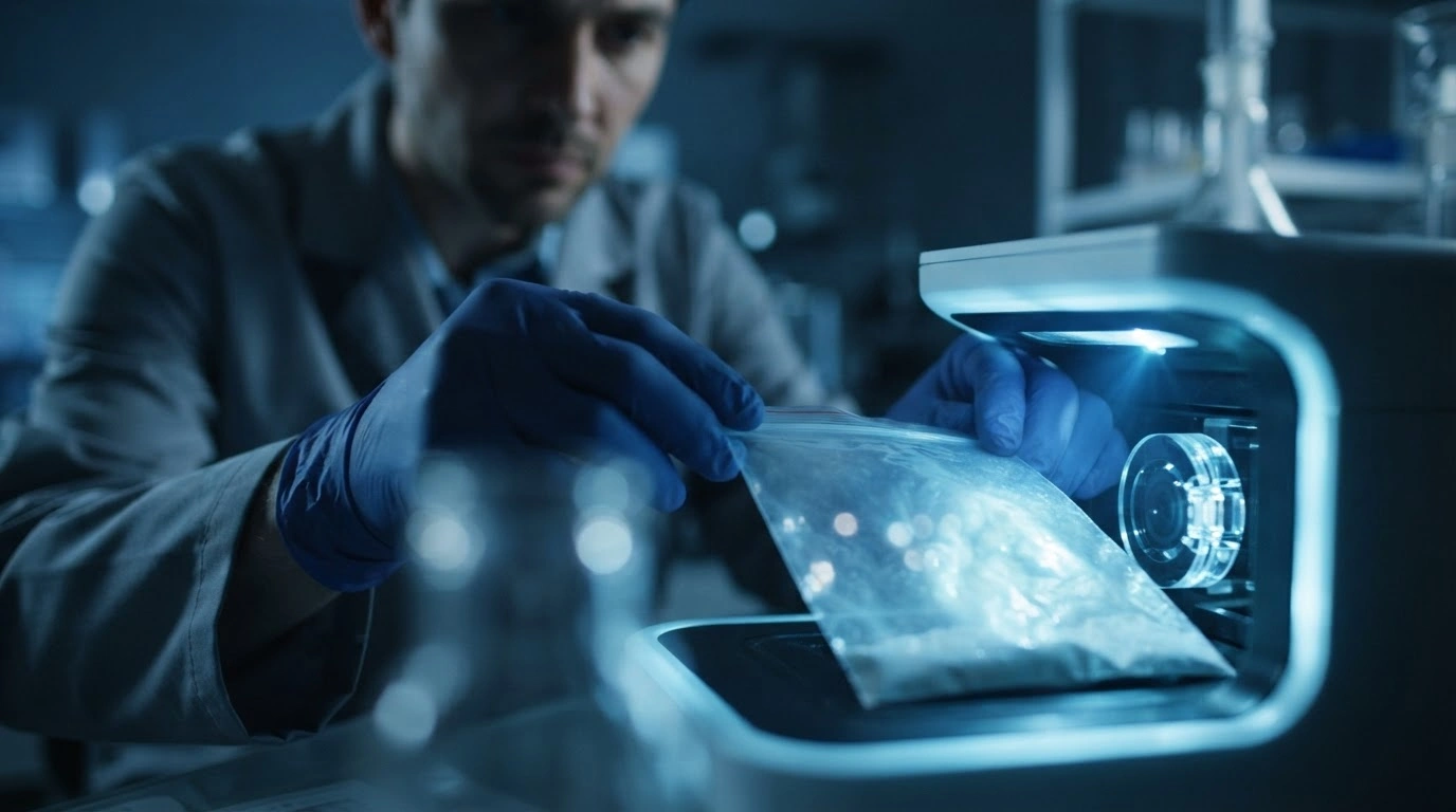 A forensic scientist uses a non-invasive scanning device to analyze a sealed evidence bag containing illicit substances in a laboratory setting.