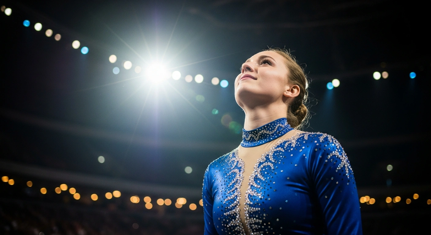 Nøra Blu stands illuminated by a spotlight on a grand stage, celebrating her victory in the Eurovizija.LT 2026 wildcard round, which secured her place in Lithuania's national selection final for the Eurovision Song Contest.