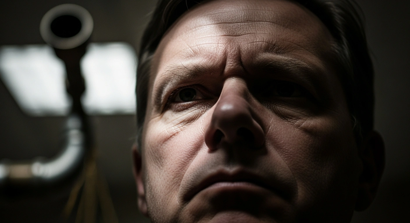 A dramatic, low-angle close-up of a man's face, partially shadowed, with a blurred, metallic pipeline-like structure in the background, representing the serious charges Serhii Kuznetsov faces in Germany following his extradition for the 2022 Nord Stream pipeline explosions.