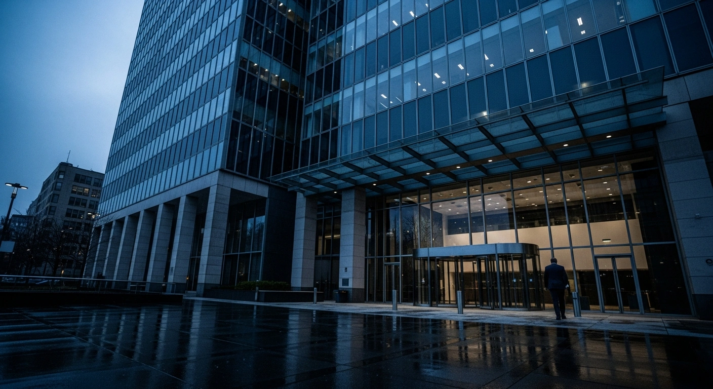 The exterior of a modern Nordea Bank building stands under a dark sky as Danish authorities pursue a massive fine for historical anti-money laundering failures.