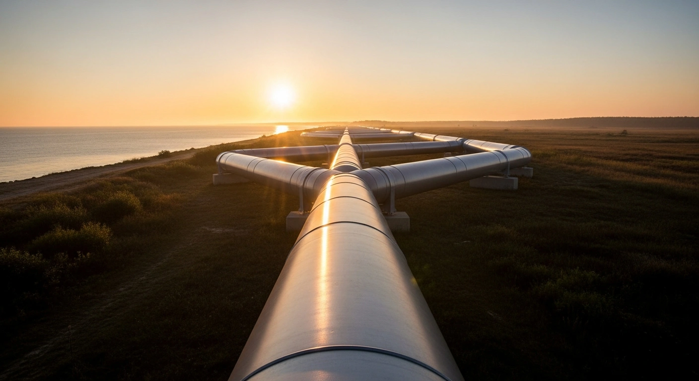 A large, gleaming hydrogen pipeline, representing the Nordic-Baltic Hydrogen Corridor project by Estonian operator Elering, stretches across a coastal landscape at dawn, symbolizing the future energy connection between Finland, Germany, and six Baltic Sea countries.