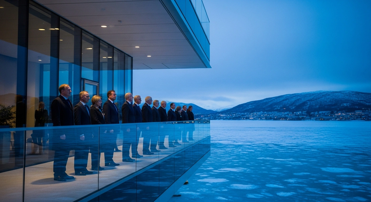 Prime ministers from Nordic nations and Canada stand together on a balcony in Oslo to discuss Arctic security and defense cooperation.
