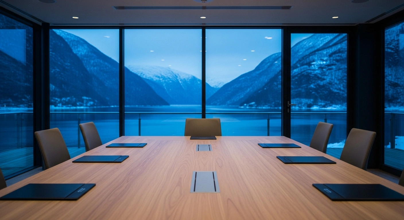 A modern conference room overlooking a Nordic landscape represents the new parity commission for Greenland, the Faroe Islands, and Åland within the Nordic Council.