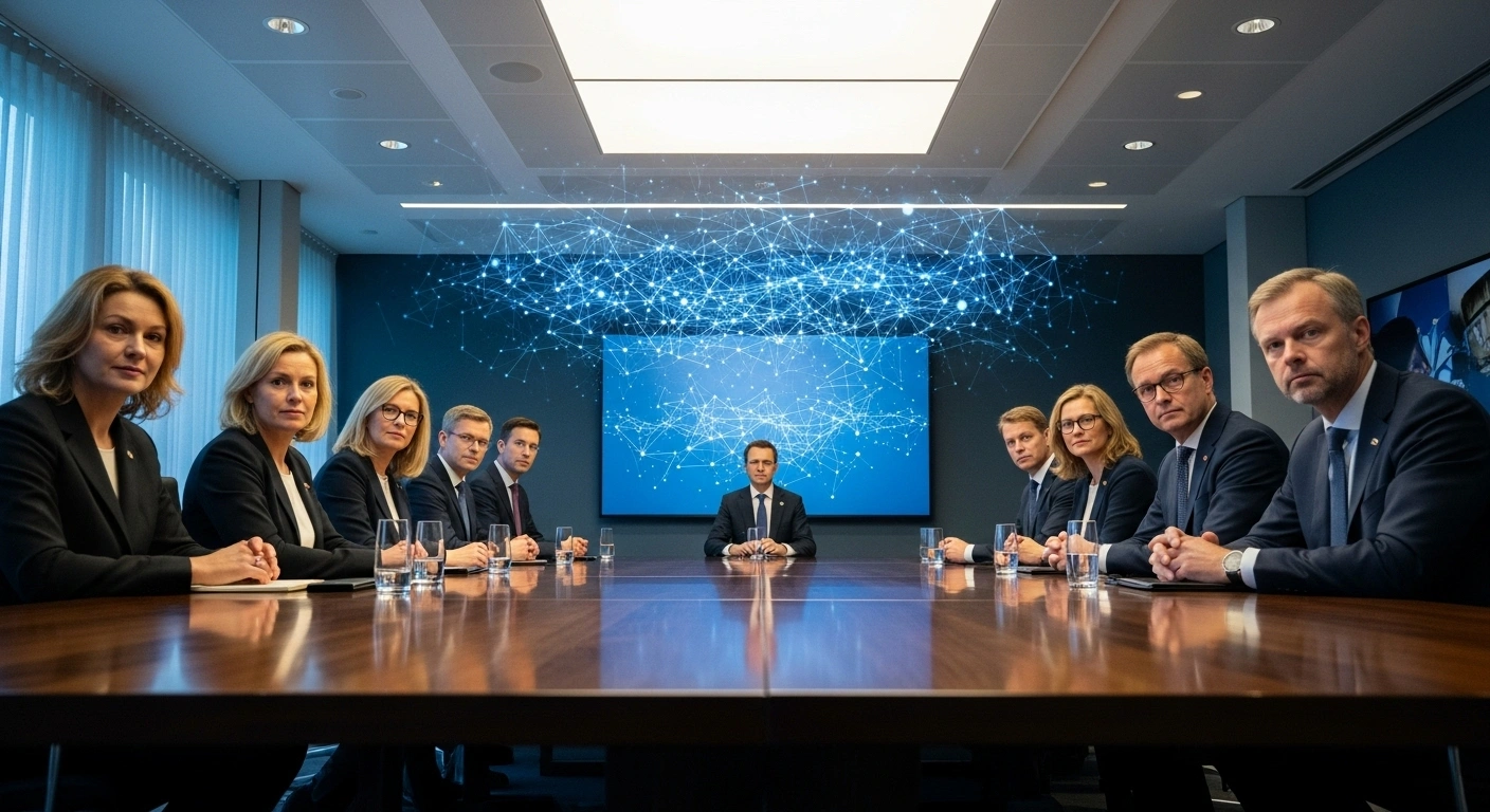 Nordic energy ministers, including Åland's Camilla Gunell, are depicted in a modern conference room in Helsinki, gathered around a table with a holographic projection of an energy grid, symbolizing their enhanced cooperation on energy security, resilience, and critical infrastructure.