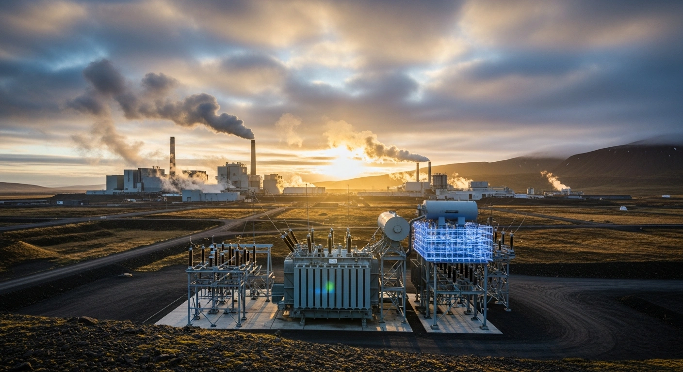 A wide, low-angle view of the Norðurál Grundartangi aluminum plant in Iceland, showing a large, newly installed transformer glowing blue as steam rises from stacks under a dawn sky, symbolizing the company's restart efforts to return to full production capacity after transformer failures.