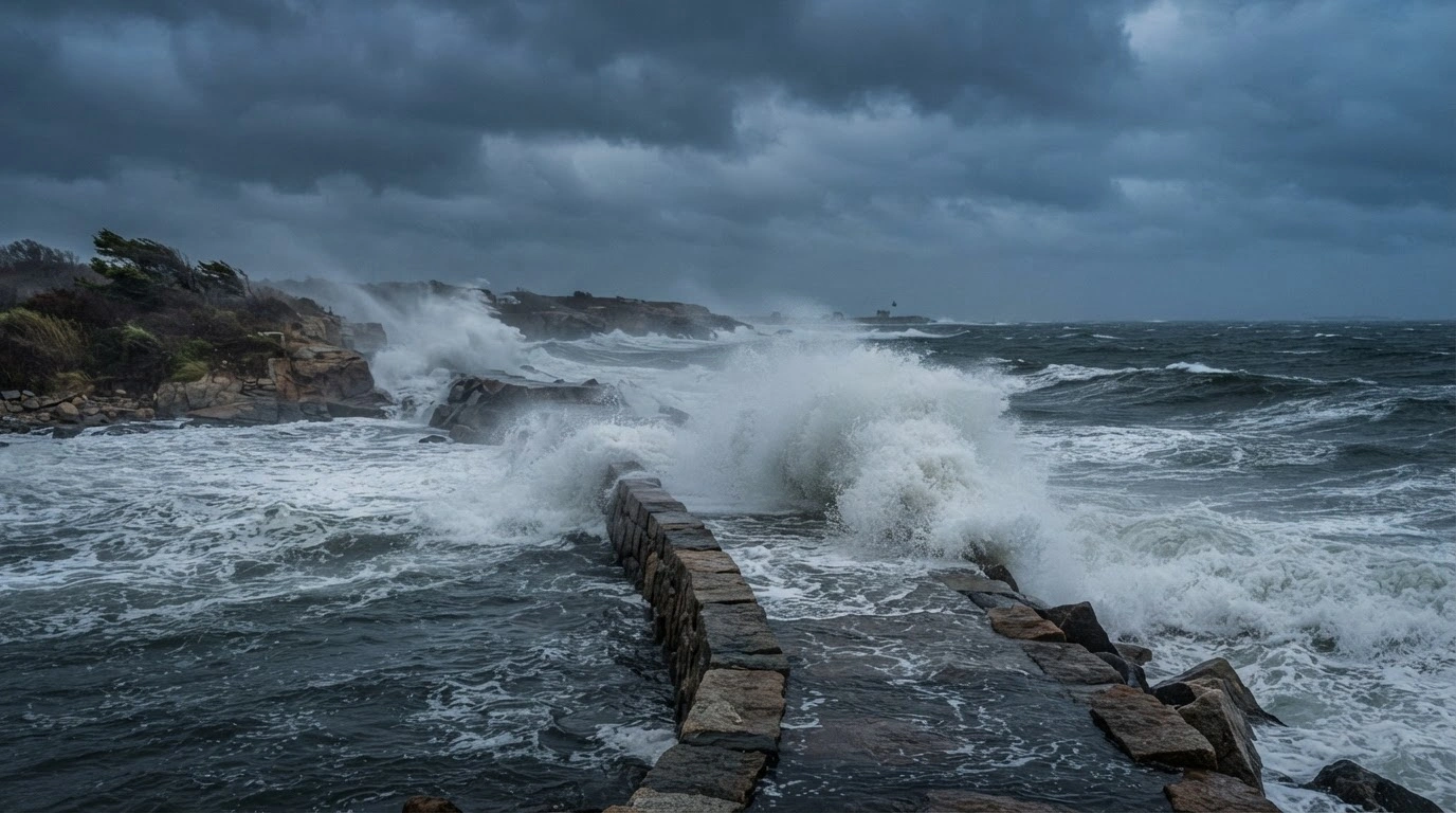 A powerful nor'easter storm creates hazardous coastal flooding and high winds along the Atlantic shoreline in Massachusetts, Rhode Island, and Virginia.