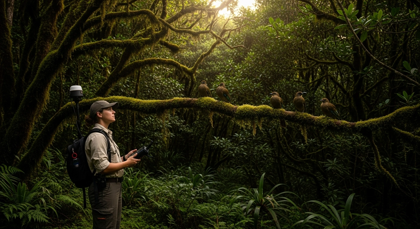 A wildlife ranger monitors native bird species in Norfolk Island National Park as part of the Australian government's biosecurity initiative to prevent avian influenza.