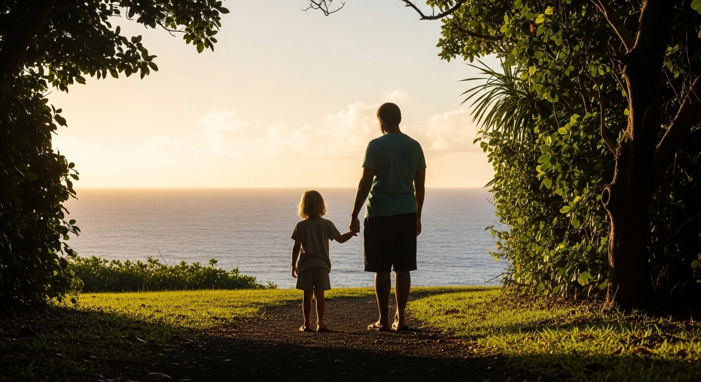 A child and an adult stand hand-in-hand, looking towards the ocean on Norfolk Island, symbolizing the ongoing child and family wellbeing services provided by Key Assets' NI-Connect unit following a contract extension.