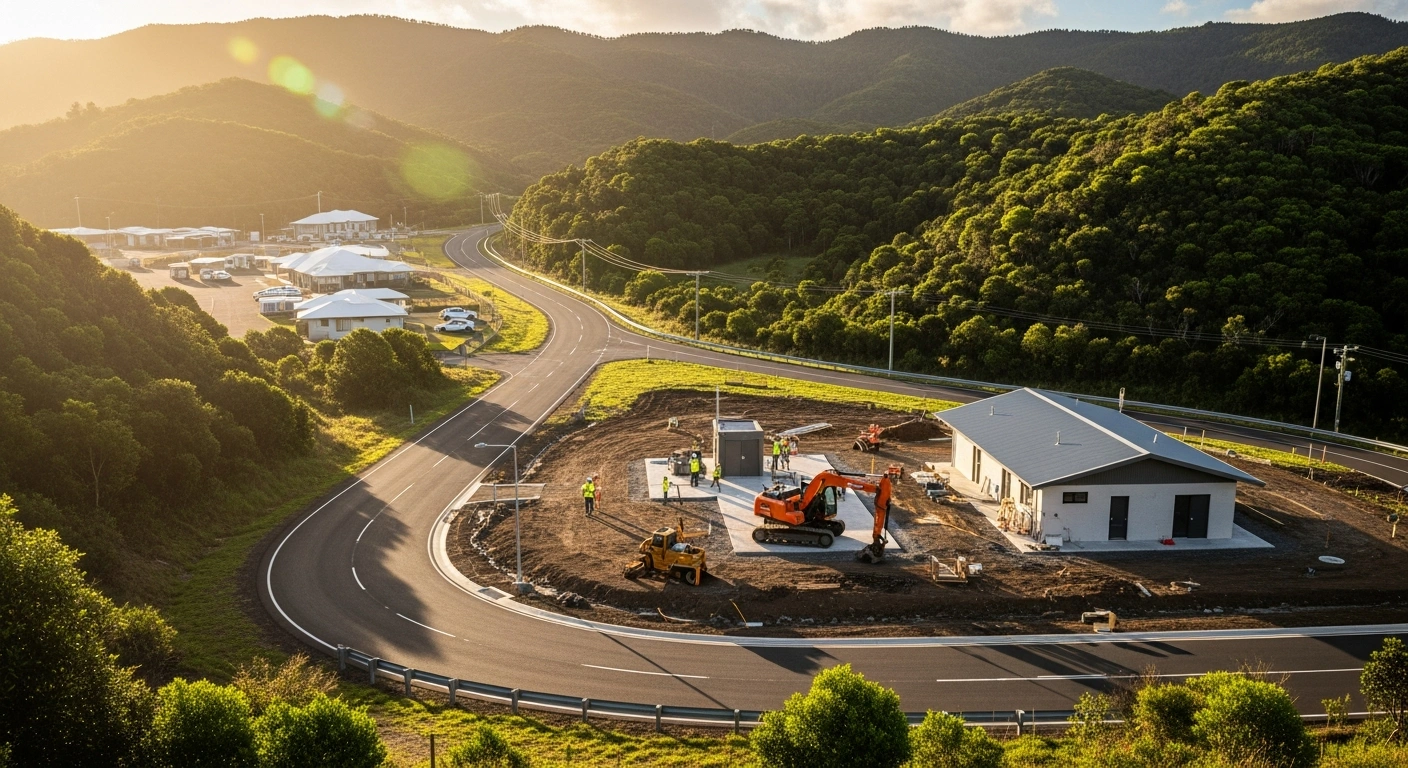 A construction crew works on infrastructure and road maintenance projects on the scenic Norfolk Island as part of the regional council's community development plan.