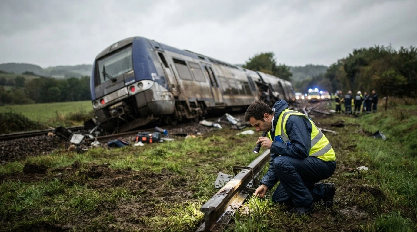 A forensic investigator examines a piece of metal at the scene of a train derailment between Rouen and Caen in Normandy, France.