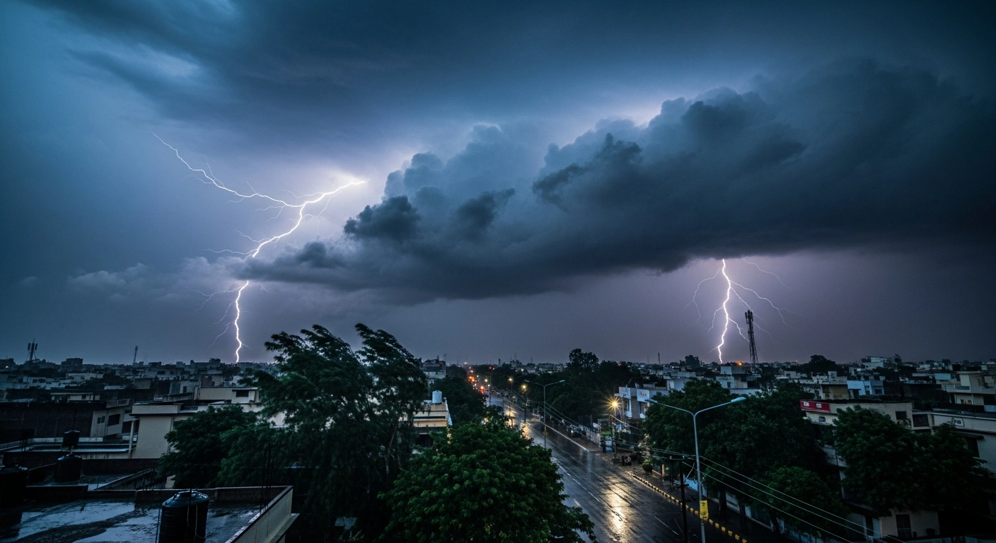 A dramatic storm with heavy rain and lightning strikes over a North Indian city during an India Meteorological Department weather alert.