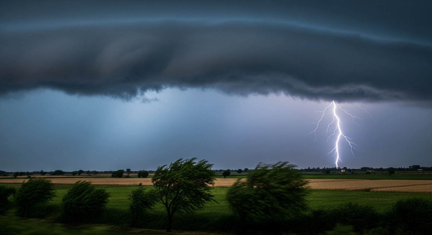 A dramatic storm with heavy rain and lightning strikes over a rural landscape in North India during a weather alert.