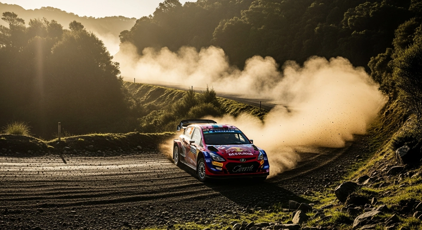 A rally car drifts around a gravel corner during the 2026 North Island Rally Series in New Zealand, ahead of the Possum Bourne Memorial Rally.