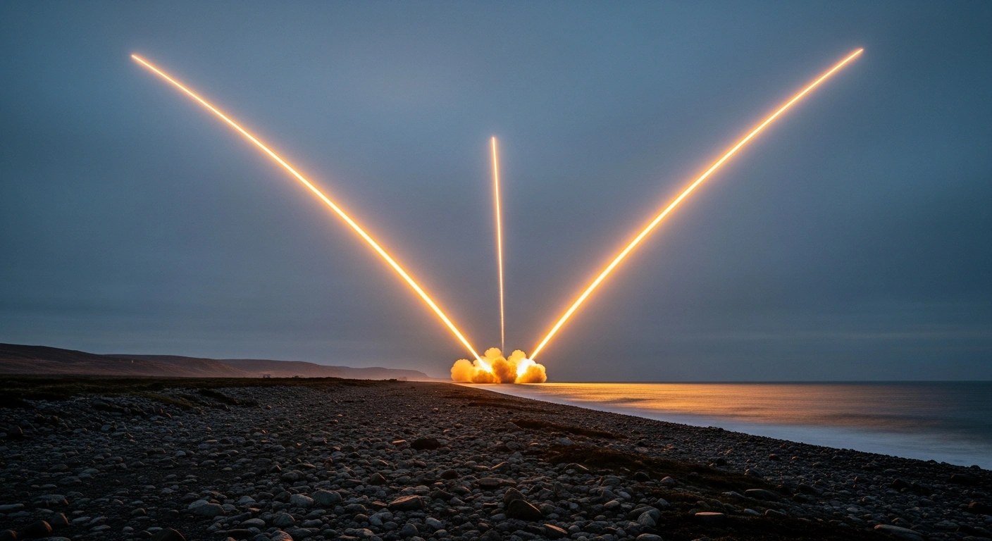 Multiple unidentified ballistic missiles are launched from the North Korean coast into the sea, creating bright streaks of fire against the twilight sky.